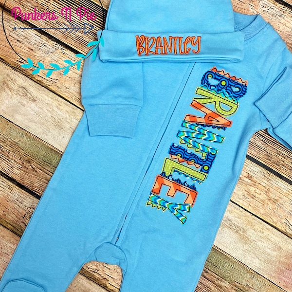 Dinosaur Coming home outfit baby boy, Gift Set for baby boy, personalized footie pajamas, monogram bib and burp cloth, knot hat with name