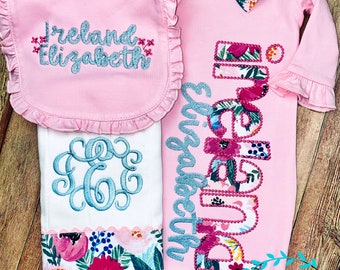 Lilly Rose gift set for baby girl, coming home outfit, personalized baby gown