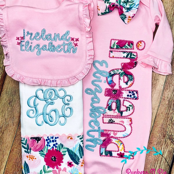 Lilly Rose gift set for baby girl, coming home outfit, personalized baby gown