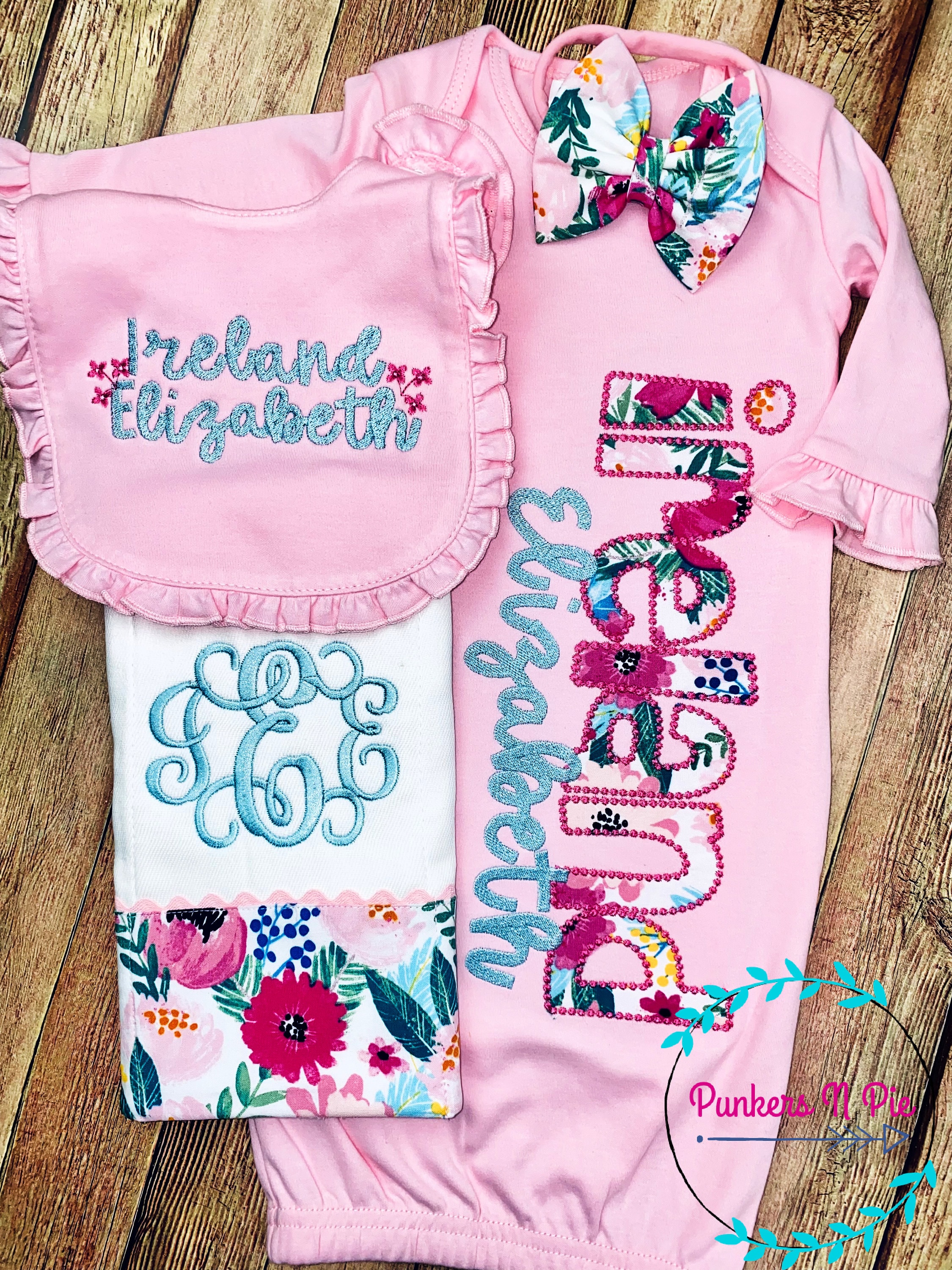 Lilly Rose gift set for baby girl, coming home outfit, personalized baby gown