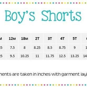 May include: A size chart for boys' shorts with measurements in inches for waist and length. Sizes range from 6 months to 8 years.