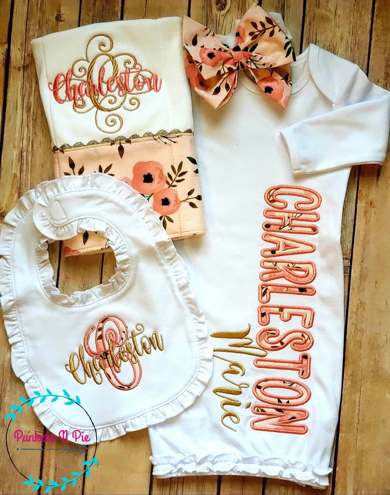 Boho Blush gift set for baby girl Gown with name, monogrammed bib/burp, bow headband or hat peach and gold personalized image 1