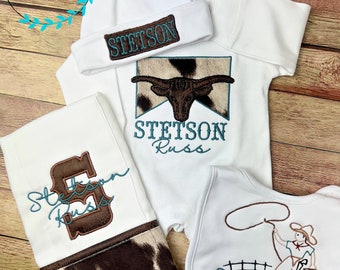 Cowboy gift set for baby boy - Longhorn cattle, brown cow print, Baby Boy Coming Home Outfit - Personalized romper bib and burp cloth