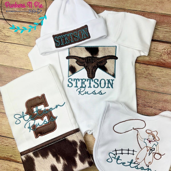Cowboy gift set for baby boy - Longhorn cattle, brown cow print, Baby Boy Coming Home Outfit - Personalized romper bib and burp cloth