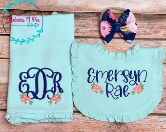 Boho Baby gift set for baby girl - English Garden -Ruffle Bib Monogram Burp Cloth and Bow headband or hat