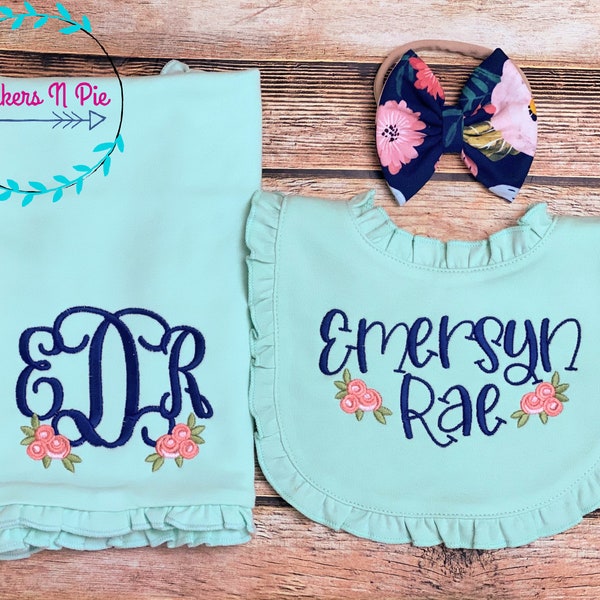 Boho Baby gift set for baby girl - English Garden -Ruffle Bib Monogram Burp Cloth and Bow headband or hat