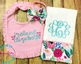 Personalized Gift Set for baby girl - Bib Burp and bow headband - Lilly Rose pink