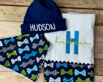 Little Man gift set for baby boy, bandana bib, monogram burp cloth and name hat with name, gift set for baby boy