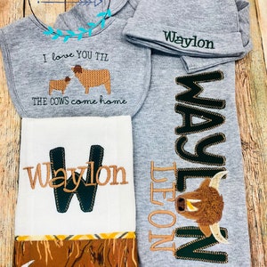 Highland Cow Gift Set for baby boy - Hunter Green and Gray - Personalized Baby Shower Gift - I will Love You Til the COWS Come Home