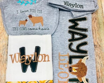Highland Cow Gift Set for baby boy - Hunter Green and Gray - Personalized Baby Shower Gift - I will Love You Til the COWS Come Home