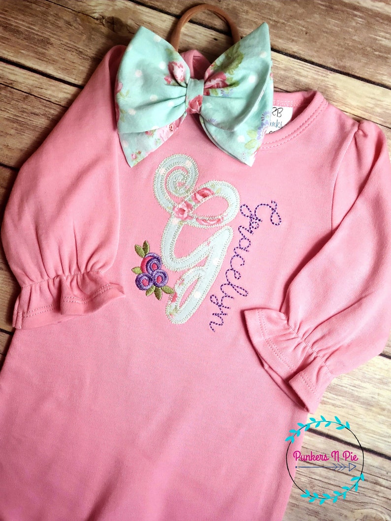 Aqua Rose baby gift set Pink Lavender and Aqua Gown with bow headband