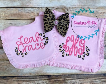 Baby Glam Leopard print Pink and Gold - Ruffle Bib Monogram Burp Cloth and Bow headband or hat