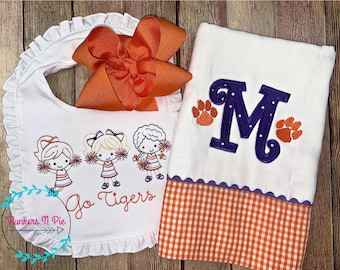 Game Day Personalized Baby Gift Set for girl - Bib Burp and bow headband or hat - Customize colors