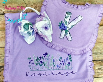 Baby in Bloom Wildflower gift set for baby girl - Lavender Garden -Ruffle Bib Monogram Burp Cloth and Bow headband or Bow Hat