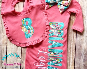 Turquoise gift set for baby girl - Gown with name, ruffle bib, burp cloth, and fabric bow on headband or hat