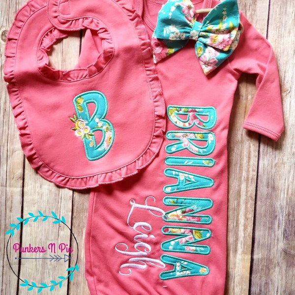 Turquoise gift set for baby girl - Gown with name, ruffle bib, burp cloth, and fabric bow on headband or hat