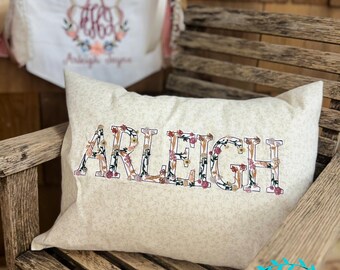 Wildflower neutral pillow with name, Embroidered floral letters