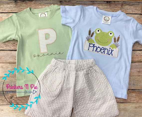 Shorts Outfit bundle for boy - Khaki seersucker shorts with Initial shirt and Frog shirt