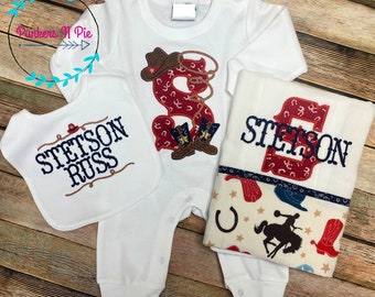 Cowboy gift set for baby boy - Baby Boy Coming Home Outfit - Personalized romper bib and burp cloth