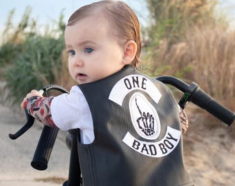 ONE Bad Boy Birthday Vest - 1st birthday outfit - Biker faux leather black vest
