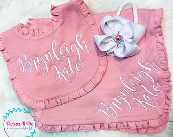 Personalized Baby Gift Set for girl - Bib Burp Cloth with embroidered name