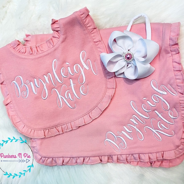 Personalized Baby Gift Set for girl - Bib Burp Cloth with embroidered name