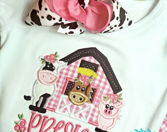 Boho Farm ruffle bubble romper, Personalized bubble romper, cow with flowers, barnyard