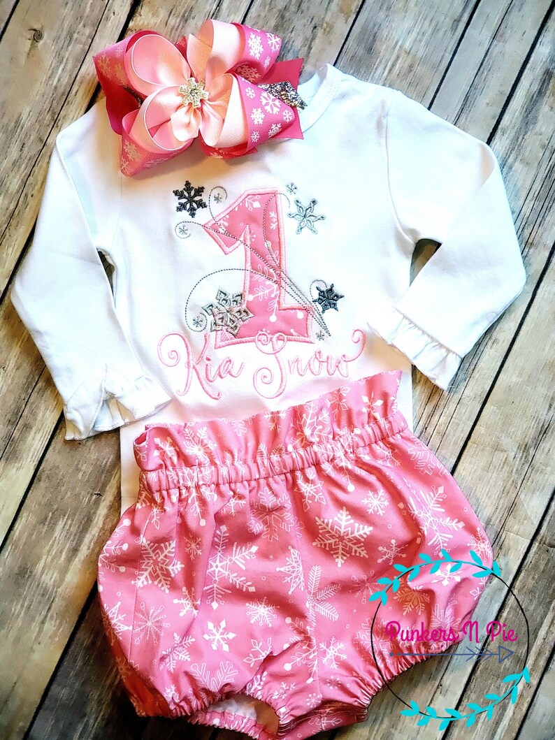 ruffle bodysuit with bummies and bow Winter ONEderland outfit