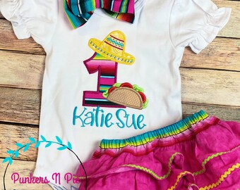 Taco Fiesta cake smash outfit - Mexican Fiesta - bodysuit ruffle bummies and bow