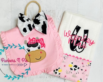 Pink Cow Gift for Baby Girl - Ruffle bib, burp cloth and bow headband or hat