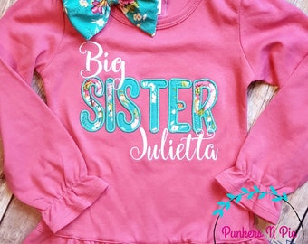Turquoise Rose Big Sister Shirt, Ruffle shirt for Big Sister