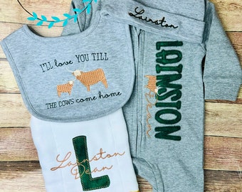 Highland Cow Baby Gift Set – Personalized Footed Sleeper, Bib & Burp Cloth