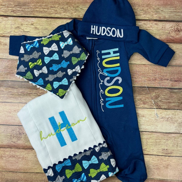 Little Man Coming Home outfit baby boy, personalized footie pajamas, bandana bib, monogram burp cloth, gift set for baby boy