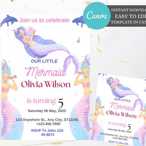 Modifiable l'Invitation d'anniversaire de la petite sirène, faire-part d'Ariel petite sirène, la fête de la mer rose violet or téléchargement imprimable