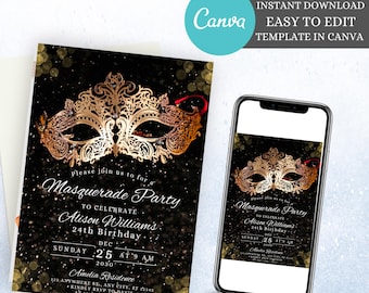gold masquerade invitation, masquerade party, fancy ball masks, masquerade ball invitations, masquerade costume, printable invitation