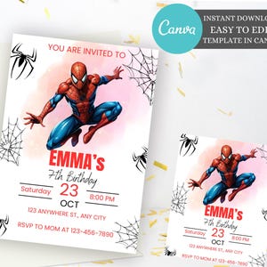 Spiderman-Geburtstagseinladung, druckbare Spider-Man-Geburtstagsfeier einladen, bearbeitbare Jungen-Party-Einladungskarte, Superheld-Einladung sofort-Download