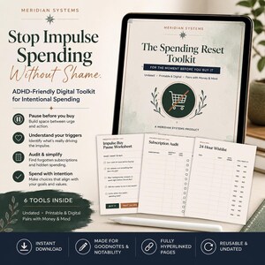 以下が含まれることがあります： タブレット画面と印刷されたページに表示された「The Spending Reset Toolkit」というタイトルのデジタルツールキット。資料には、Impulse Buy Pause Worksheet、Subscription Audit、24-Hour Wishlistが含まれています。白いスタイラスペンがページの下に置かれています。