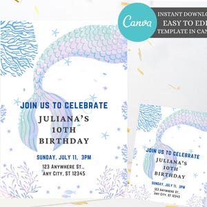 Mermaid Birthday Invitation, Kids Birthday Editable Template, Under The Sea invitation, Purple Mermaid Invite Girl, instant download