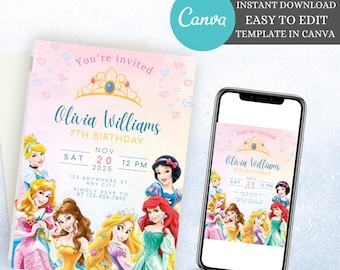 Princess Birthday Invitation Princess Invitation Princess Party Invitation Girl Princesses Invitations printable invitation party invitation