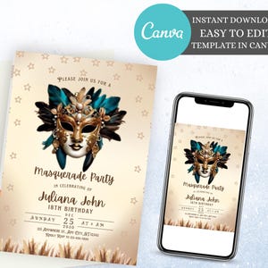 Gold masquerade invitation Masquerade birthday Masquerade ball Printable invitation Party invitation Birthday Masquerade party