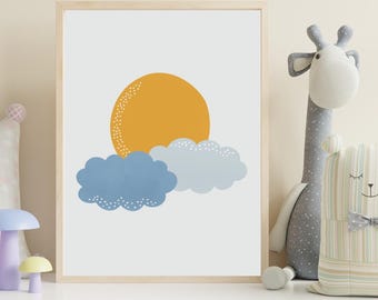 Zon en wolken kinderkamerprint: kunst aan de muur kinderkamer (digitale download)