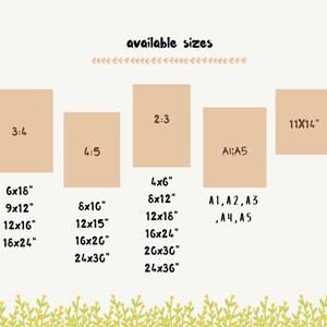 Op de afbeelding: Een beige afbeelding toont verschillende afdrukformaten, waaronder 15x46 cm, 20x25 cm en 10x15 cm, met beeldverhoudingen zoals 3:4, 4:5 en 2:3. De tekst "available sizes" staat bovenaan, met decoratieve bloemelementen.
