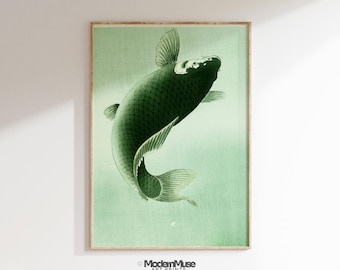 Koi Fish Sage Green Wall Art, Japandi Minimalist Wall Art Decor, Wabi Sabi Printable Wall Art, Japanese Zen Garden Digital Art Print