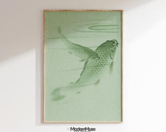 Koi Fish Printable Wall Art, Sage Green Japandi Wall Art Print, Wabi Sabi Minimalist Wall Art Decor, Japanese Modern Wall Art Poster