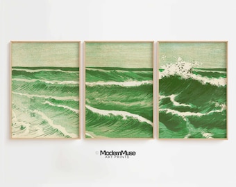 Arte murale in 3 pezzi verde salvia, set di arte murale Japandi Gallery, decorazione murale Wabi Sabi Wave, arte murale stampabile con trittico dell'oceano giapponese