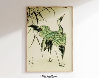 Wabi Sabi Crane Wall Art, Japandi Printable Wall Art, Sage Green Wall Art Decor, Japanese Bird Print, Modern Wall Art Digital Download