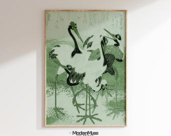 Crane Printable Wall Art, Japandi Minimalist Wall Art Decor, Wabi Sabi Wall Art Print, Sage Green Wall Art, Japanese Bird Wall Art Poster