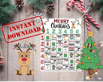 Könnte beinhalten: Ein druckbares Weihnachts-Spielbrett mit einem roten und weißen Zuckerstangenrand. Das Brett hat ein Raster mit 6 Reihen und 6 Spalten mit verschiedenen weihnachtlichen Aktivitäten in jedem Feld. Das Spielbrett trägt den Titel "Frohe Weihnachten".