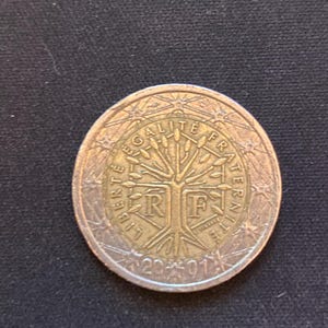 Pode incluir: Uma moeda francesa de 1 euro de prata com uma árvore e as palavras "Liberté, Egalité, Fraternité" ao redor da borda.