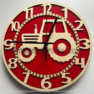 May include: Red wooden clock with a tractor cutout design. The clock face has black hands and white numbers. The tractor is in the center of the clock face.